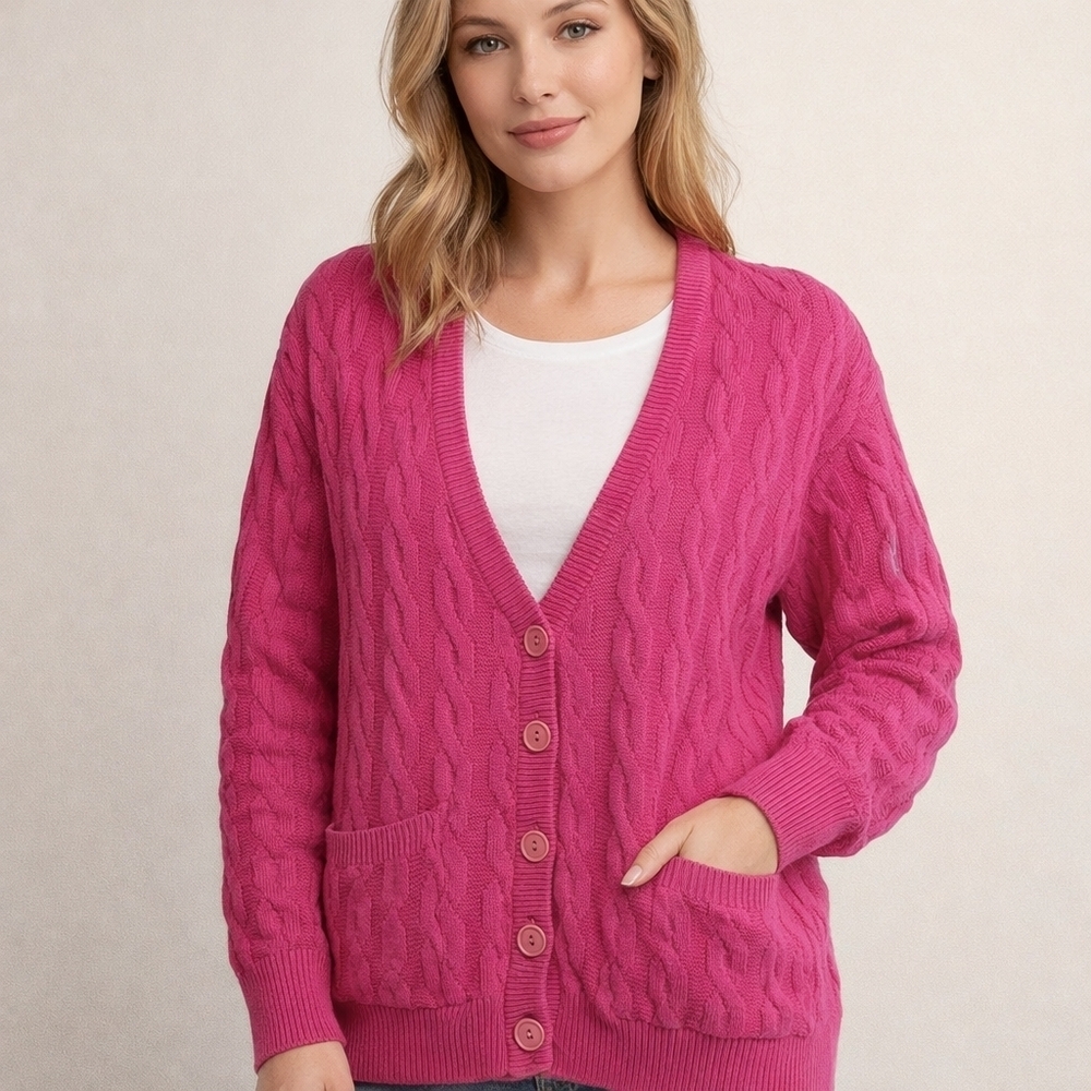 Universal knits Bright Pink Cable Knit Cardigan – Cozy Button Front Sweater